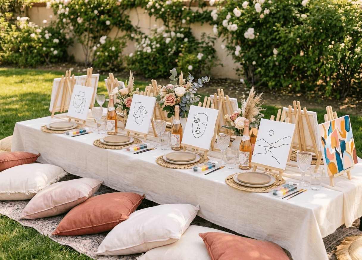 Privates Pinsel Party Event — Staffeleien und Kissen im Garten